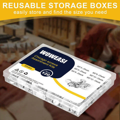 Real Slick Silver Chicago Binding Screws One Hundred Twenty Piece Heavy Duty Rivet Set Built Tough For Leather Craft in storage box.