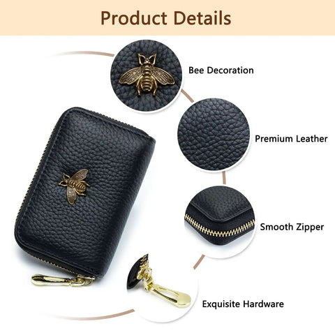 RFID Blocking Leather Card Holder For Women Tiny Zipper Wallet With Bee Accent Must Have Slim Compact Card Case Premium