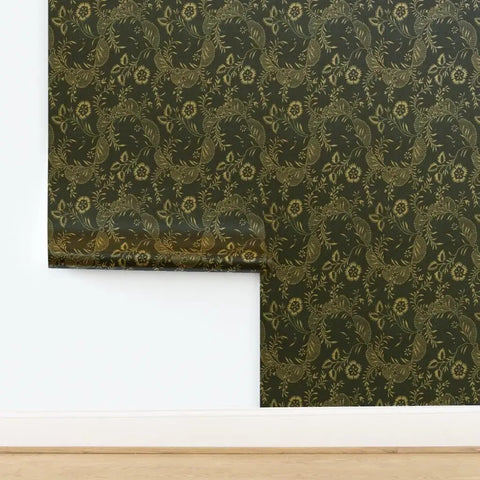 Kickstart Your Vibe With This Fresh Indigo Floral Folk Wallpaper Featuring A Slick Gold Metallic Coating Premium Paste The Wall Covering Eco Certified Type I Rated, displayed in a room corner.