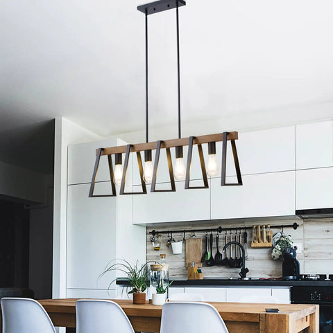 Four Light Kitchen Island Pendant Fixture, Dope Farmhouse Chandelier in black and warm oak finish over dining area.