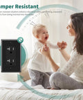 Decorative Receptacle Outlet, Tamper Resistant, 20 Amp 125 Volt, safe for homes, featuring child and mother in background