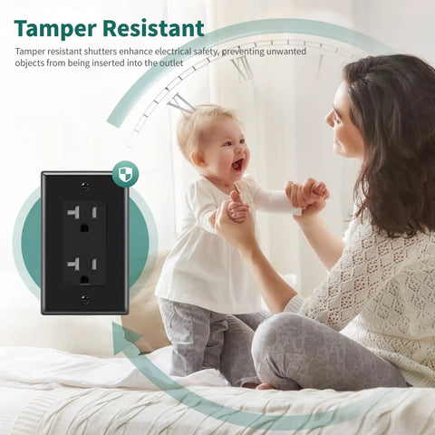 Tamper Resistant Decorator Receptacle Outlet 20 Amp 125 Volt Grounding With Wall Plate Black Pack Of 50 UL Listed for safety
