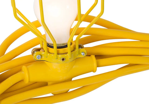 Close-up of yellow 10 Light Metal Temporary Light Stringer For Outdoor Use 100 Ft Cord 12 AWG 300V Weather Resistant Durable Construction