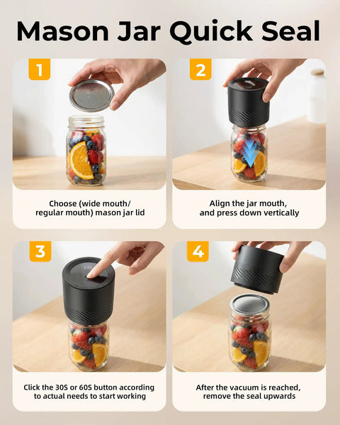 Steps to use Cordless Mason Jar Vacuum Sealer Kit With Auto Stop showing sealing process on wide mouth jar with fruits.