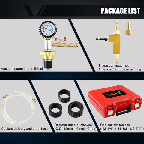 Heavy Duty Automotive Radiator Coolant Vacuum Refill Tool Kit For Engine Cooling System Purge And Fill With Universal Adapters showing tools and accessories in red toolbox.