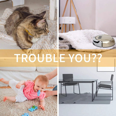 Collage showing rug issues with pets, robots, babies, and office chairs without Non Slip Rug Grippers For Area Rugs.