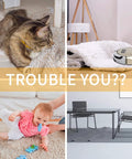 Illustration of home challenges like pets and robots on rugs before using Non Slip Rug Stopper Tape Set 10 Pcs Double Sided Reusable Rug Grippers.