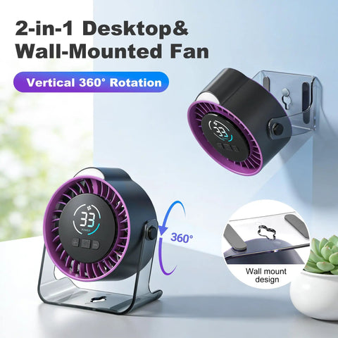 2-in-1 Rechargeable Desk Fan With 100 Speed Stepless Control LED Display And Night Light, desktop and wall mount options