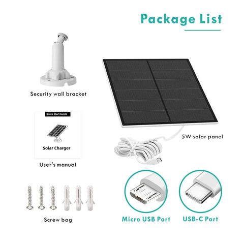 5W Outdoor USB Solar Panel For Security Cameras With Micro USB And USB-C, IP65 Waterproof, showing package contents