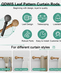 Graphic showing Imitation Wood Grain Ball Curtain Rod Set with brackets, leaf finial, and styles for various window treatments.