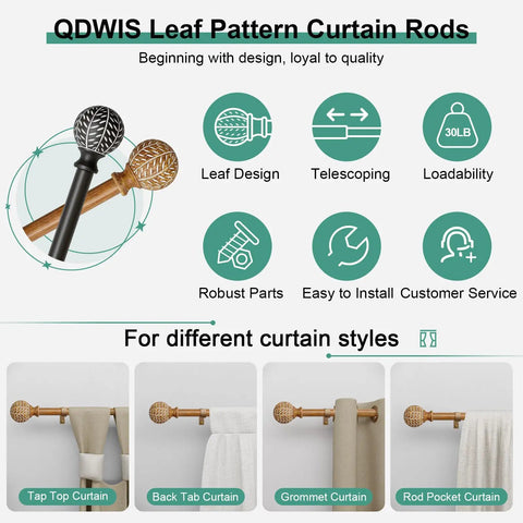 Graphic showing Imitation Wood Grain Ball Curtain Rod Set with brackets, leaf finial, and styles for various window treatments.