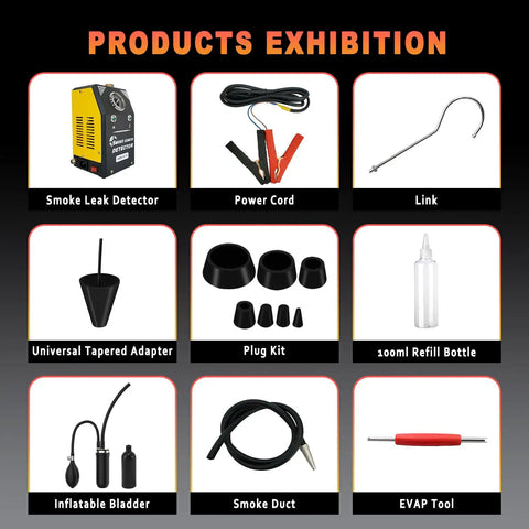 Components of EVAP Smoke Tester with Built-In Air Pump and Pressure Gauge, 12V DC Automotive Leak Detector, including accessories.