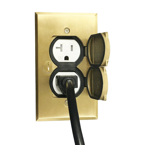 Flip Lid Floor Box Kit With One Gang Receptacle, 20 Amp Tamper Resistant Weather Resistant Outlet, brass cover, in use.