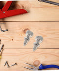 Rock Solid 2 Pack Stainless Steel Retractable Spring Plunger Pins With Knurled Grip and Dead Simple Locking Feature on wooden surface.