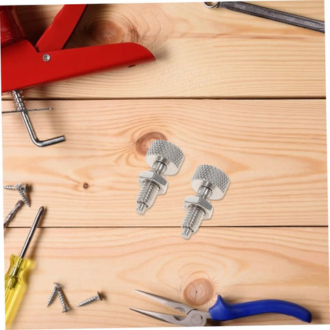 Rock Solid 2 Pack Stainless Steel Retractable Spring Plunger Pins With Knurled Grip and Dead Simple Locking Feature on wooden surface.