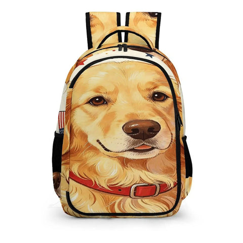 Front view of Dope Unisex Printed Backpack With Dog Beside Flag Design Large Capacity School And Travel Bag Durable Polyester Build