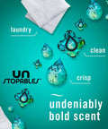 Unstopables scent drops for laundry, featuring bold clean scent drops on a teal background.
