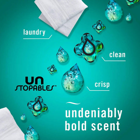 Unstopables scent drops for laundry, featuring bold clean scent drops on a teal background.