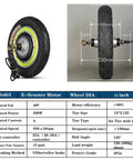 12 Inch Electric Scooter Hub Motor Wheel Running On 48V 500W Brushless Gearless Power with air-filled tire and detailed specs.
