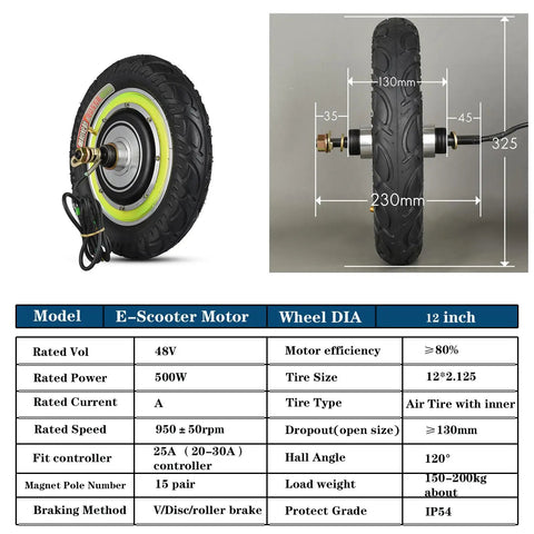 12 Inch Electric Scooter Hub Motor Wheel Running On 48V 500W Brushless Gearless Power with air-filled tire and detailed specs.