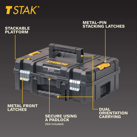 TSTAK II Flat Top Tool Box With Flexible Stacking Platforms And Holds Up To 66 Lbs Heavy Duty Metal Latches Bi Material Handle Interlocking