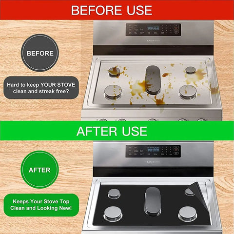 Comparison of stove before and after using Top Protector For Gas Stoves Thick Nonstick Burner Covers Reusable Washable Stove Shield Durable 0.4mm Double Layer Protector For Easy Cleanup And No Mess