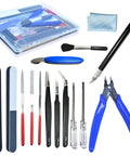 Gundam Model Tool Kit 28 Piece All In One Hobby Building Set for Cars Airplanes Buildings and Robots Models with tools on display.