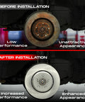 Front brake rotors and pads kit for 2013–2019 Nissan Sentra; before and after installation showing rusty vs shiny rotor.