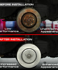 Comparison of front brake kit for 2015 to 2019 Nissan Micra and 2012 to 2019 Nissan Versa before and after installation.