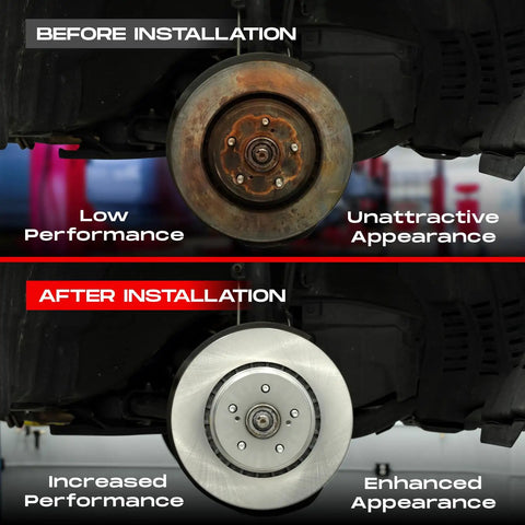 Comparison of Honda Accord front brake kit installation, showing old rusted rotor versus new 11.5 inch blank rotor.
