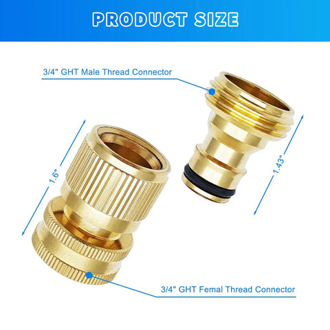 Garden Hose Quick Connector Kit Three Quarter Inch GHT Solid Brass No Leak Fittings showing male and female connectors