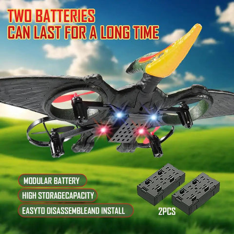 Pterodactyl Dragon RC Drone For Kids And Adults Indoor Ready Remote Control Plane with 6 Axis Gyro and vibrant lights in flight.