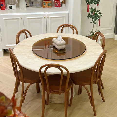 Kick Back Heavy Duty Tempered Glass Lazy Susan Turntable 31 To 35 Inch Round on marble dining table with wooden chairs.