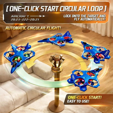 Upgraded ABS Fighter Jet RC Plane for kids performing circular flight with LED lights on a table indoors.