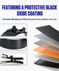 Close-up of a piston ring with pliers and layers highlighting protective black oxide coating for Six Piece Piston Ring Compressor Tool Set With Adjustable Rings And Installer Pliers For Cars Trucks And Motorcycles Heavy Duty Pro Grade Quality For Easy Engine Piston Ring Install And Removal.