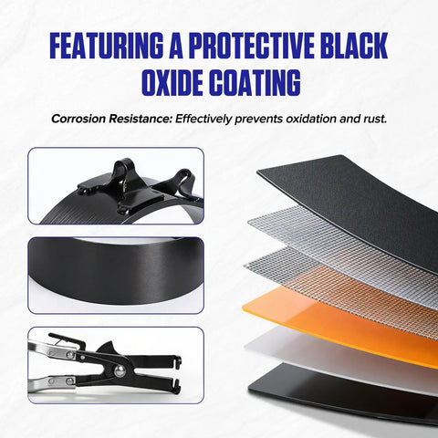 Close-up of a piston ring with pliers and layers highlighting protective black oxide coating for Six Piece Piston Ring Compressor Tool Set With Adjustable Rings And Installer Pliers For Cars Trucks And Motorcycles Heavy Duty Pro Grade Quality For Easy Engine Piston Ring Install And Removal.