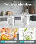 Two ice molds on a kitchen countertop illustrating small and large ice sizes for the Countertop Ice Maker With Handle Auto Clean Portable Ice Maker 26 Lbs In 24 Hours 9 Ice Cubes In 6 Minutes Two Ice Cube Sizes Includes Basket And Scoop Party Ready For Home Camping Or RV Black.