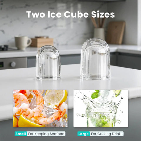Two ice molds on a kitchen countertop illustrating small and large ice sizes for the Countertop Ice Maker With Handle Auto Clean Portable Ice Maker 26 Lbs In 24 Hours 9 Ice Cubes In 6 Minutes Two Ice Cube Sizes Includes Basket And Scoop Party Ready For Home Camping Or RV Black.