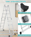 7 In 1 Folding Ladder With 15 Foot Reach Aluminum Construction For Indoor And Outdoor Use Multi Position A Frame Scaffold Stairway Platform Overhang M Shape Non Slip Feet Safety Lock Heavy Duty Frame 330 Pound Capacity shown open with non-slip feet