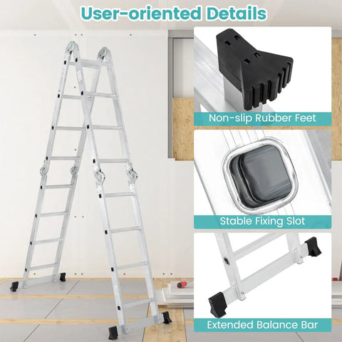 7 In 1 Folding Ladder With 15 Foot Reach Aluminum Construction For Indoor And Outdoor Use Multi Position A Frame Scaffold Stairway Platform Overhang M Shape Non Slip Feet Safety Lock Heavy Duty Frame 330 Pound Capacity shown open with non-slip feet