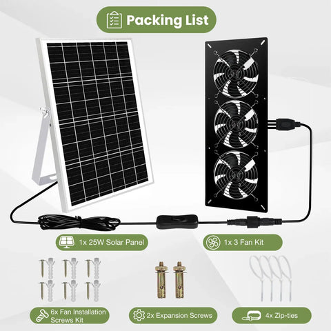 Solar Powered 3 Fan Kit With 25W High Velocity Waterproof Exhaust Fans For Outdoor Greenhouse Chicken Coop Shed Pet House Weatherproof Low Noise Operation No Battery Backup Easy Mount