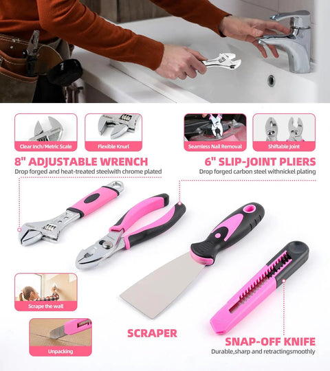 Image showing a person using the Pink 136 Piece Cordless Tool Set with adjustable wrench, slip-joint pliers, scraper, and snap-off knife.