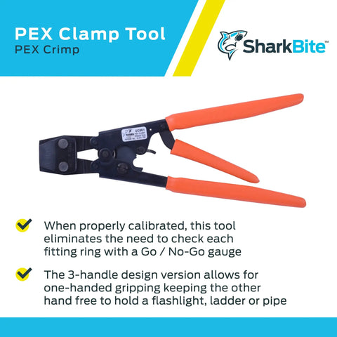 Pro Grade PEX Clamp Tool With Orange 3-Handle Grip for 3/8 to 1 Inch Stainless Clamp Rings UC961