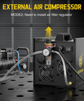 Back view of Plug And Play All In One Plasma Cutter With Built In Air Compressor, 50A Pilot Arc, 220V High Frequency Air Plasma Cutter, showing external compressor setup.