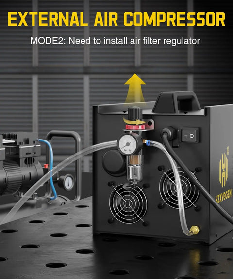 Back view of Plug And Play All In One Plasma Cutter With Built In Air Compressor, 50A Pilot Arc, 220V High Frequency Air Plasma Cutter, showing external compressor setup.