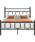 Top Tier Full Bed Frame With Sleek Headboard And Zero Groan Steel Base For Dreamy Nights No Sweat Assembly Low Profile Platform, matte black frame with orange and striped bedding.