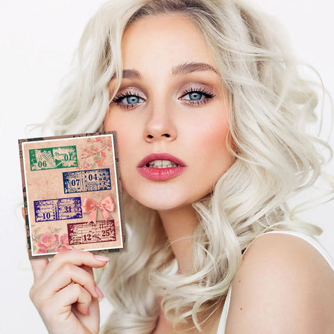 Vintage Date Clear Stamps Top Shelf Seal Set with various retro date stamps displayed by a model.