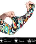 Fresh Ride Out Ice Silk Arm Sleeves Boasting Fly Mechanical Face Prints For Solid Sun Defense And Road Burn Guard Ultra Lightweight Airy Stretch Fit Daily Commuting Cycling Gear in vibrant colors being stretched.