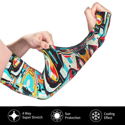 Fresh Ride Out Ice Silk Arm Sleeves Boasting Fly Mechanical Face Prints For Solid Sun Defense And Road Burn Guard Ultra Lightweight Airy Stretch Fit Daily Commuting Cycling Gear in vibrant colors being stretched.