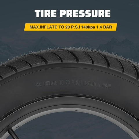 Close-up of black tire showing text for inflation pressure for Two Pack Fat Tire With Tube For Ebike Mountain Snow Bike Heavy Duty.